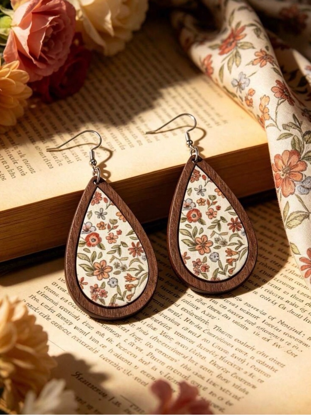 Floral Teardrop Wood Earrings in Cream and Brown